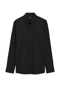 Schwarzes Langarmshirt aus gewobenem Baumwollstoff. Es hat einen klassischen Kragen, eine Frontknopfleiste und einen geraden Schnitt. Keine sichtbaren Muster oder Akzente.