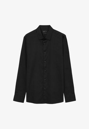 Camicia nera a maniche lunghe in cotone tessuto. Presenta un colletto classico, chiusura frontale con bottoni e taglio dritto. Nessun motivo o accentuazione visibile.