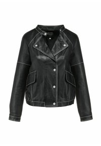 Czarna skórzana kurtka z klapami, srebrnymi zatrzaskami i kontrastującym białym szwem. Posiada dwie przednie kieszenie i skrócony fason.