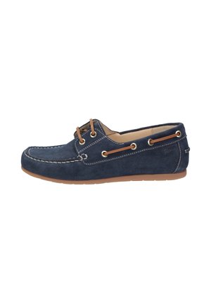 Chaussure bateau en daim bleu marine avec lacets en cuir marron clair, coutures blanches, bout rond et semelle en caoutchouc, vue de profil droit.