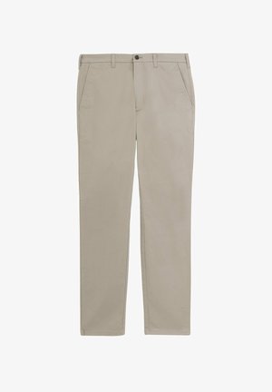 Chinos beige hechos de una mezcla de algodón, con cierre de botón y bolsillos laterales. Diseño de pierna recta con líneas limpias y detalles mínimos.