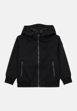 Black hooded jacket made of textured fabric with a full zipper, two side zippered pockets, and ribbed cuffs at the sleeves.