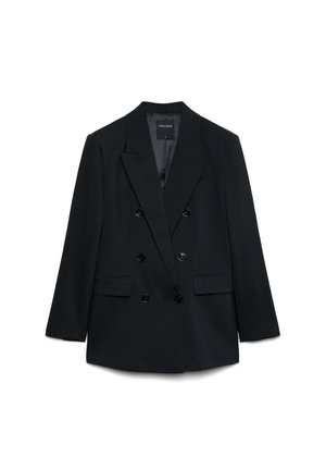 Schwarzer zweireihiger Blazer mit Revers, sechs Knöpfen, Pattentaschen und einem innenliegenden Etikett mit der Aufschrift "Calliope" in Größe klein.