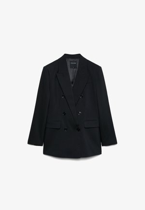 Schwarzer zweireihiger Blazer mit Revers, sechs Knöpfen, Pattentaschen und einem innenliegenden Etikett mit der Aufschrift "Calliope" in Größe klein.