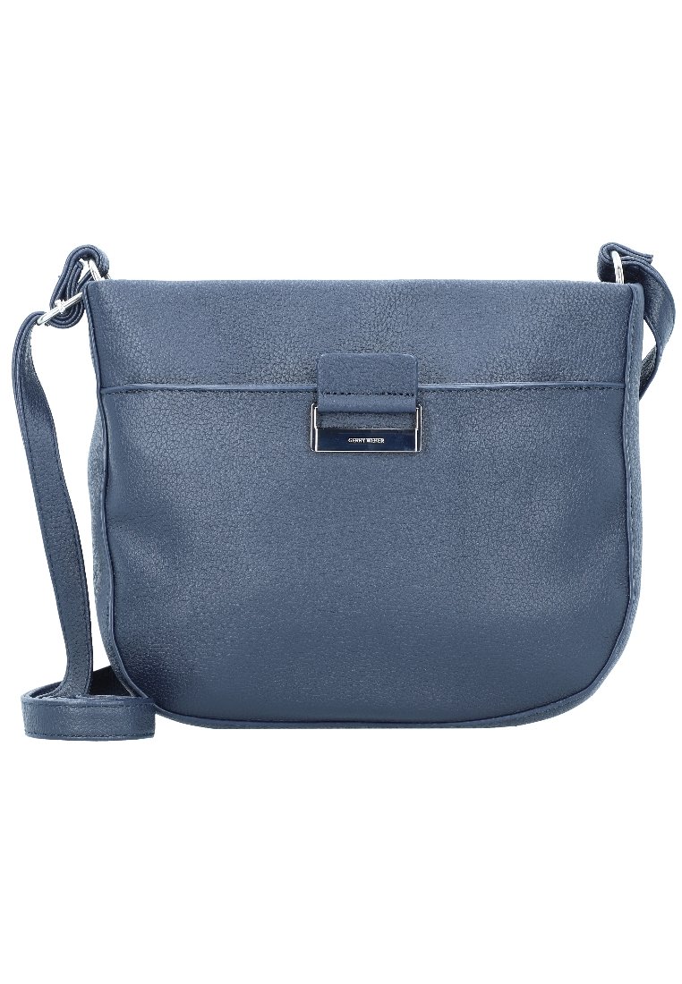 Blaues Leder-Crossbody-Bag mit strukturierter Oberfläche, ausgestattet mit einem Frontklappenverschluss und einem metallic Akzent. Verstellbarer Riemen inklusive.