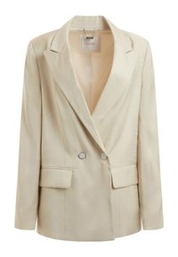Beige bleiseri kaksirivisellä napituksella ja satiinipinnalla. Varustettu poimutetuilla läpyillä, kahdella etutaskulla ja hopeasävyisillä nappeilla. Sileä rakenne.