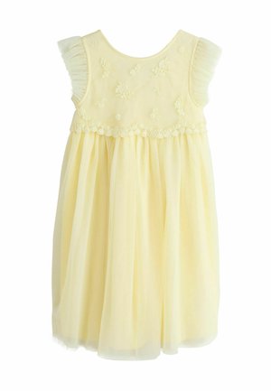 Robe jaune avec des détails floraux brodés sur le corsage, jupe en tulle transparente et manches à volants. Tissu doux avec une texture légère.