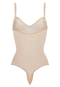 Hautfarbener Bodysuit aus transparentem Schnittmaterial, mit V-Ausschnitt, verstellbaren Trägern und einem Tanga-Schnitt. Mit dezenten Nahtdetails.