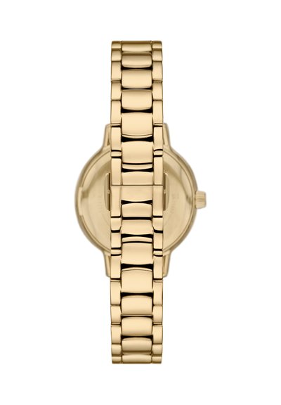 Goldfarbenes Metallgliederarmband mit polierter Oberfläche, befestigt an einem runden Uhrengehäuse, von der Seite des geschlossenen Verschlusses betrachtet.