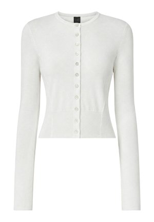 Cardigan corto bianco a maniche lunghe con scollo rotondo e fila di bottoni bianchi sul davanti, fascia elastica in vita.
