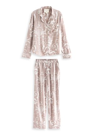 Rožinės pižamos komplektas su baltu gėlių raštu; viršus turi mygtukus ir krūtinės kišenę; kelnės su elastingu juosmeniu ir laisvu siluetu.