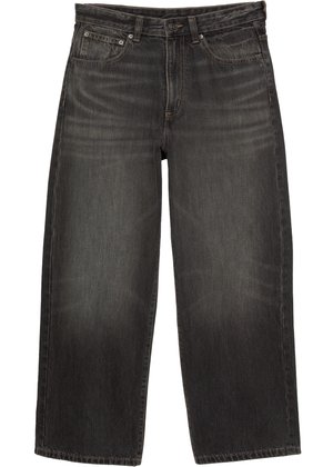 Schwarze weit geschnittene Denim-Jeans mit Fronttaschen, Gürtelschlaufen und Knopfverschluss, die subtile Verblassungen und Waschungen aufweisen.