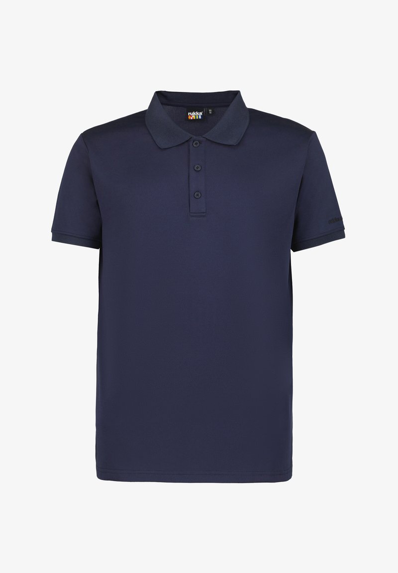 Námorně modré polo tričko vyrobené z hladkého materiálu, se klasickým límcem, tříknoflíkovou légou a krátkými rukávy s prošitými manžetami.