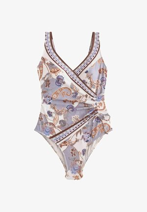 Costume intero modellante con motivi floreali e paisley in viola, marrone e beige, con nodo laterale e spalline a V.