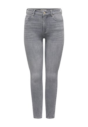 Jean gris slim taille haute avec bouton avant, fermeture éclair et design à cinq poches, présenté sur un fond blanc.