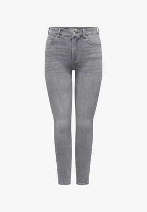 Jean gris slim taille haute avec bouton avant, fermeture éclair et design à cinq poches, présenté sur un fond blanc.