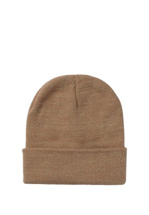 Cappello a berretto lavorato a maglia color marrone chiaro, con risvolto e texture fine. Il materiale sembra morbido con una leggera lucentezza.