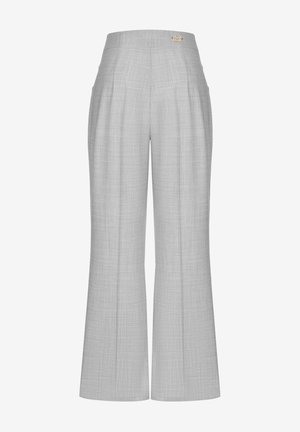 Szare spodnie o szerokich nogawkach z subtelnym wzorem w kratę oraz małym złotym logo na wysokim pasku, widok z przodu.
