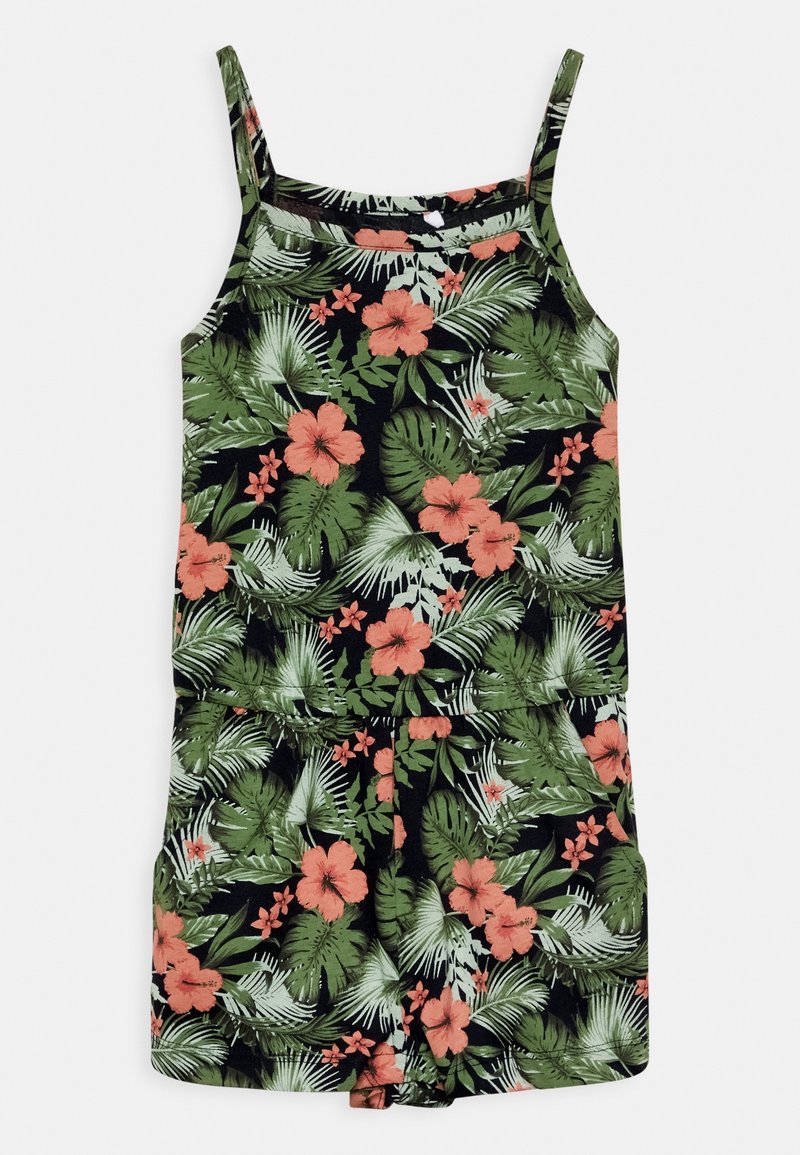 Combinaison noire sans manches avec motif de feuilles tropicales vertes et fleurs d’hibiscus corail, dotée de fines bretelles et d’une taille élastique.