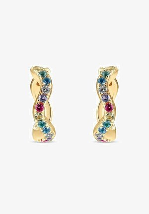 Guldtonede øreringe med et bølget design, prydet med multicolore ædelsten arrangeret i et spiralmønster. Glat, poleret finish.