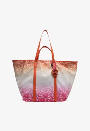 Grande borsa a mano con manici arancioni, motivo sfumato dall'arancione al rosa e disegni circolari con un ciondolo rotondo arancione appeso.