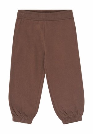 Pantalon en polaire marron avec taille élastique et poignets élastiques froncés, conçu pour un usage décontracté.
