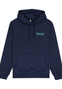 Sudadera azul marino hecha de una mezcla de algodón. Presenta un bolsillo frontal, capucha ajustable con cordón y un logotipo en un verde claro que contrasta.
