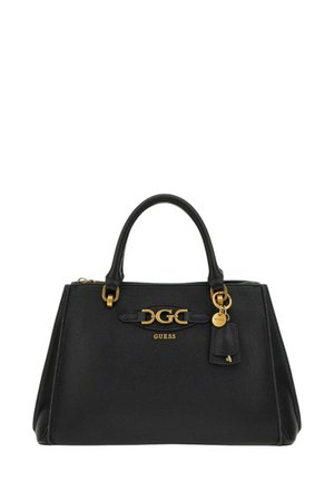 Borsa a tracolla in pelle nera con hardware dorato, doppi manici e un portachiavi attaccato. Presenta un logo sul fronte e una forma strutturata.