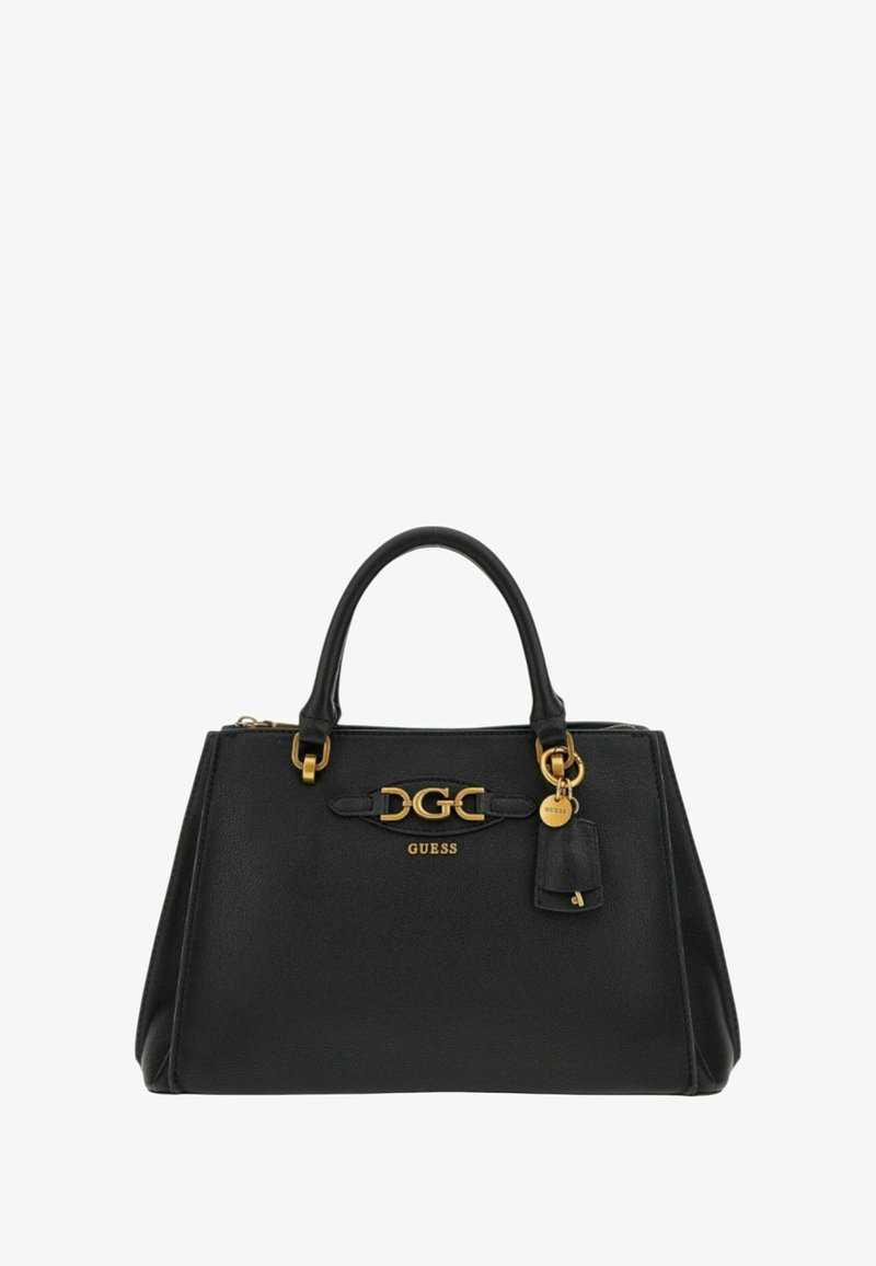 Borsa a tracolla in pelle nera con hardware dorato, doppi manici e un portachiavi attaccato. Presenta un logo sul fronte e una forma strutturata.