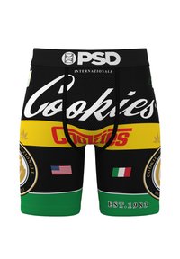 Black boxer briefs featuring bold "Cookies" branding in white, yellow, and green, with various logos and flag designs.