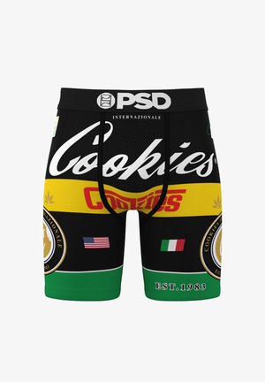 Schwarze Boxer-Shorts mit auffälligem "Cookies"-Schriftzug in Weiß, Gelb und Grün, versehen mit verschiedenen Logos und Flaggenmotiven.