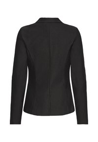 Blazer noir sur mesure avec manches longues, épaules structurées et texture lisse. Il présente une couture arrière unique et un col classique.