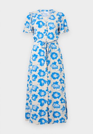 Μπεζ μίντι φόρεμα με μπλε λουλουδένιο σχέδιο, κοντά φτερωτά μανίκια, κουμπιά μπροστά, V-λαιμόκοψη και ζώνη στη μέση.