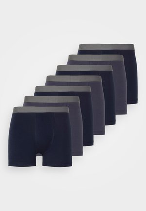 Seven pairs of boxer shorts in varying shades of navy and dark gray, featuring gray elastic waistbands and a soft, smooth fabric texture.