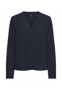Blouse bleu marine à manches longues avec un col en V, une fermeture à boutons sur le devant et des détails plissés aux épaules. Tissu lisse et léger.