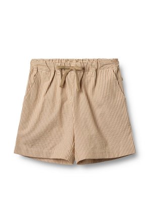 Shorts rayés beige et blanc avec une taille élastique et un nœud à l'avant. Comprend deux poches latérales et une coupe décontractée.