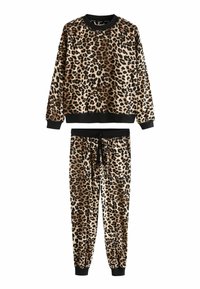 Súprava loungewear s leopardím vzorom pozostávajúca z mikiny s okrúhlym výstrihom a zodpovedajúcich teplákov, s čiernym lemovaním a elastickými manžetami.