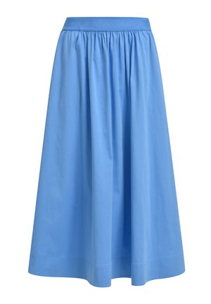 Light blue midi skirt with gathered waistband featuring subtle "MILANO ITALY" text, made from smooth fabric with a slightly flared shape.