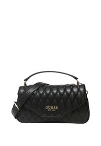 Borsa a tracolla nera trapuntata in ecopelle, con forma strutturata, logo dorato "GUESS EST 1981" e tracolla regolabile.