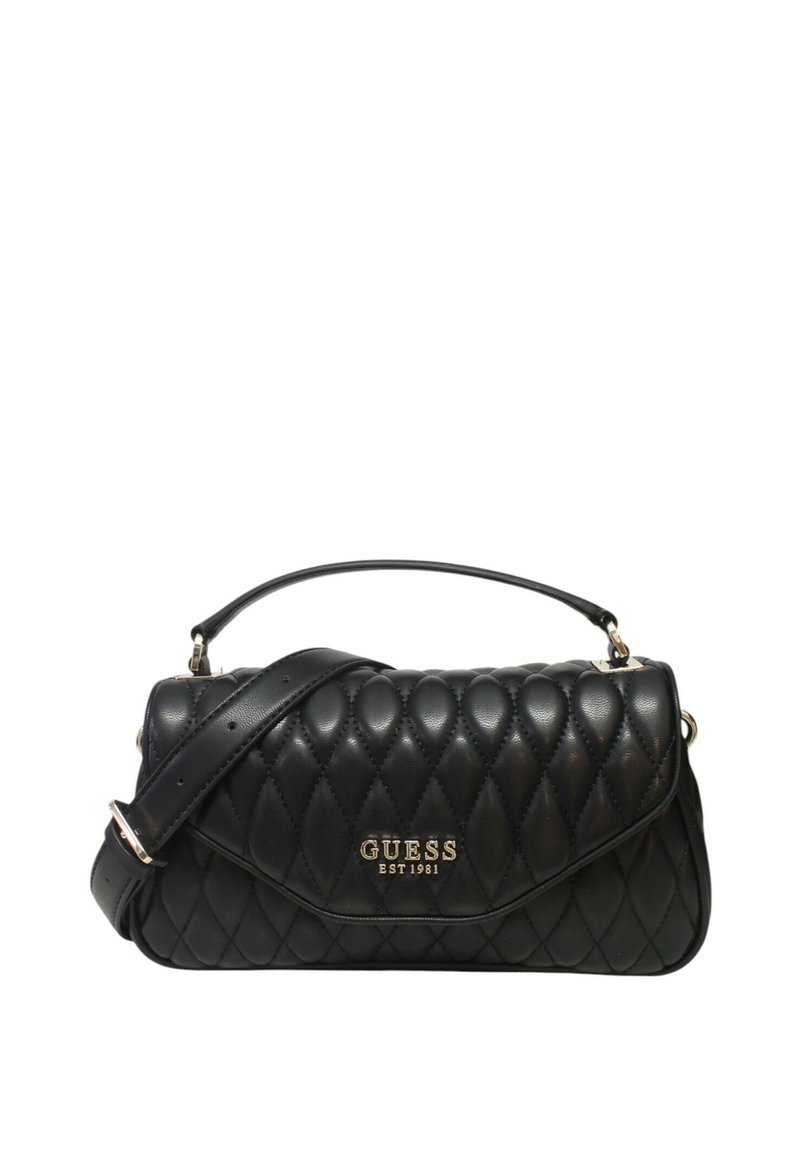 Borsa a tracolla nera trapuntata in ecopelle, con forma strutturata, logo dorato "GUESS EST 1981" e tracolla regolabile.