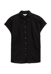 Camicia nera con bottoni, colletto, maniche corte a sbuffo e tessuto testurizzato. Presenta una chiusura anteriore con bottoni e tasche laterali sottili.
