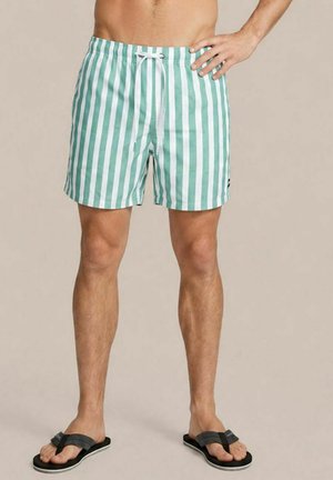 Man met groene en witte verticale gestreepte zwembroek en zwarte slippers staat met de hand in de zij tegen een neutrale achtergrond.