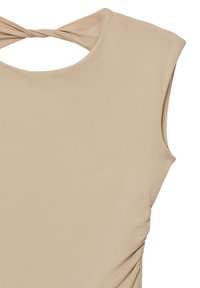 Top beige senza maniche con scollatura rotonda, dotato di un dettaglio attorcigliato sul retro e lati arricciati, realizzato in un tessuto liscio e elasticizzato.