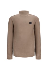 Maglione a dolcevita marrone chiaro con un design lavorato a maglia testurizzato, polsini a costine e un piccolo logo quadrato nero sul petto.