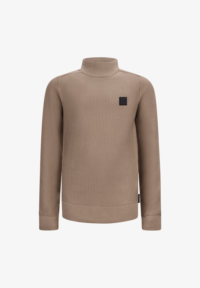 Maglione a dolcevita marrone chiaro con un design lavorato a maglia testurizzato, polsini a costine e un piccolo logo quadrato nero sul petto.