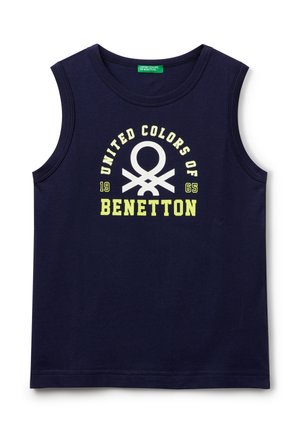 Canottiera senza maniche blu navy in cotone, con una stampa grafica bianca e giallo neon con la scritta "United Colors of Benetton" e il logo.