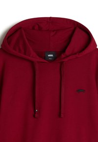 Burgundy hoodie with a drawstring hood, featuring a small black embroidered logo. Fabric appears soft with a smooth texture.