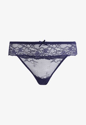 Marine lace string met bloemenpatroon, doorzichtig gaas in het midden en een decoratieve strik aan de voorkant. Randen hebben een scalloped lace afwerking.