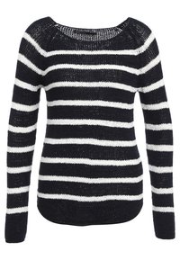 Suéter a rayas con un cuello amplio, presentado en rayas alternando azul marino y blanco, de mangas largas y con textura de punto.