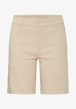 Beige rövidnadrág könnyű anyagból, klasszikus egyenes szabású, övhurkokkal és egy elülső zsebbel, amelyen diszkrét varrási részlet található.